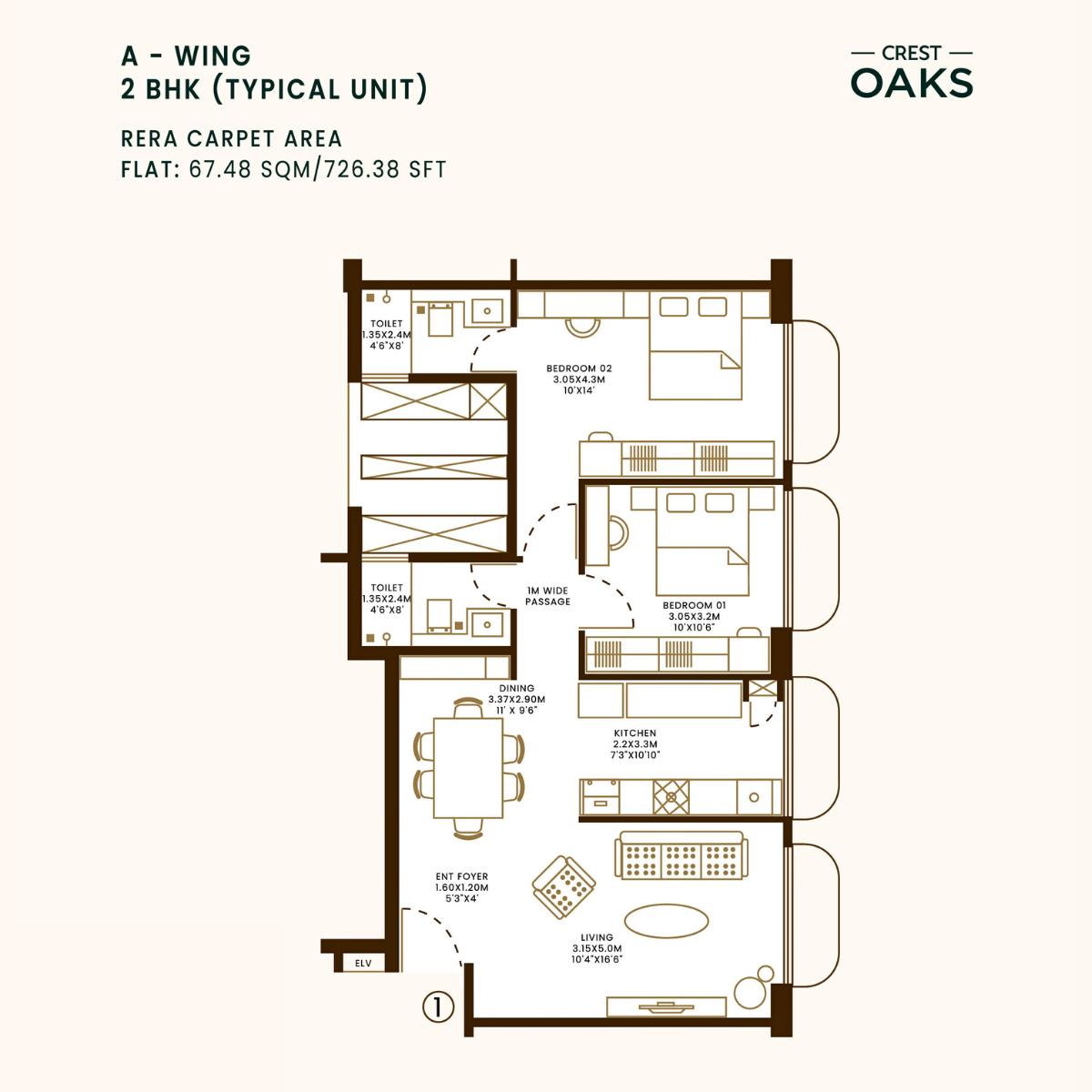 Crest-Oaks-Floor-Plan-Wing-A-2-BHK-726-Sqft